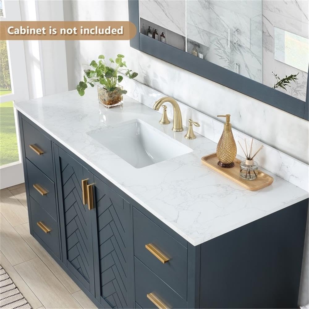 Pemberly Row 61' Engineered Stone Vanity Top, Grain White Finish, Single White Undermount Sink, Scratch/Heat/Stain-Resistant, Pre-Drilled for 8' Widespread Faucet, Modern Bathroom Vanity Surface