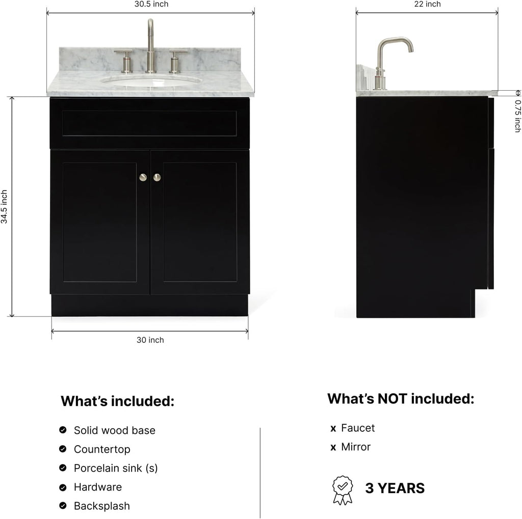 ARIEL Hamlet 30-inch Bathroom Vanity with Sink,Solid Wood, 0.75-inch Italian Carrara Marble Countertop, Single Oval Porcelain Sink, Soft Closing Doors, Black