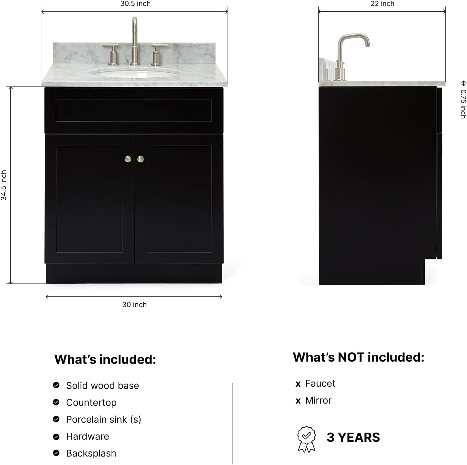 ARIEL Hamlet 30-inch Bathroom Vanity with Sink,Solid Wood, 0.75-inch Italian Carrara Marble Countertop, Single Oval Porcelain Sink, Soft Closing Doors, Black