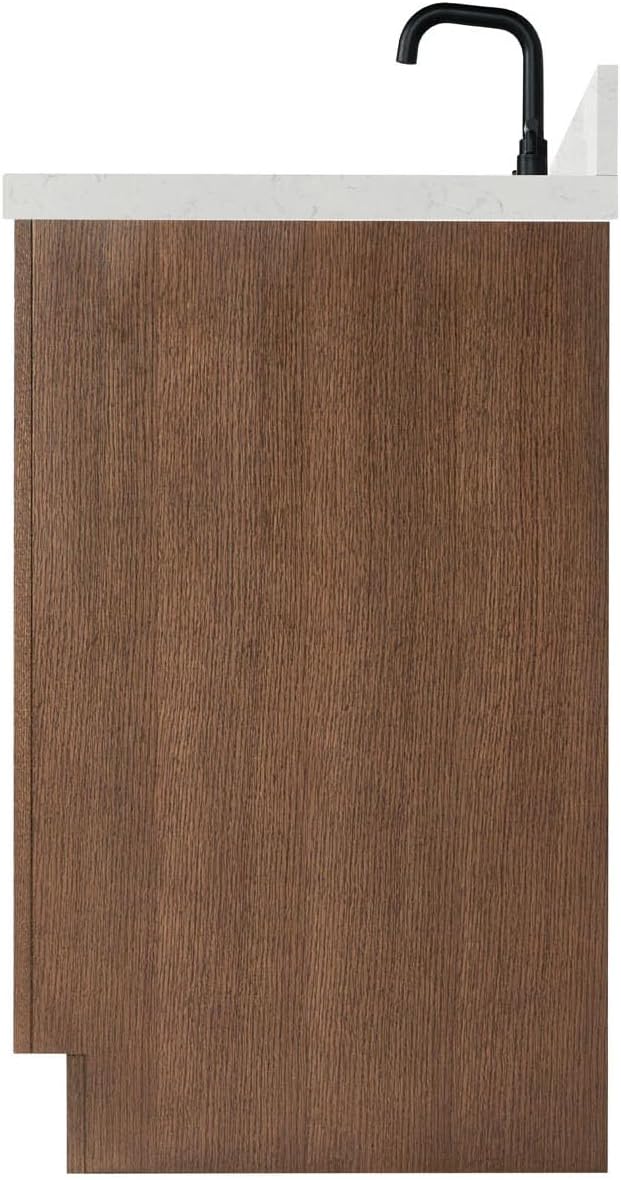 ARIEL Hepburn 36-inch Bathroom Vanity with Sink,Solid Wood, 1.5-inch Carrara White Quartz Countertop, Single Rectangular Porcelain Sink, 2 Soft Closing Doors, 5 Dovetail Drawers, Brown Oak