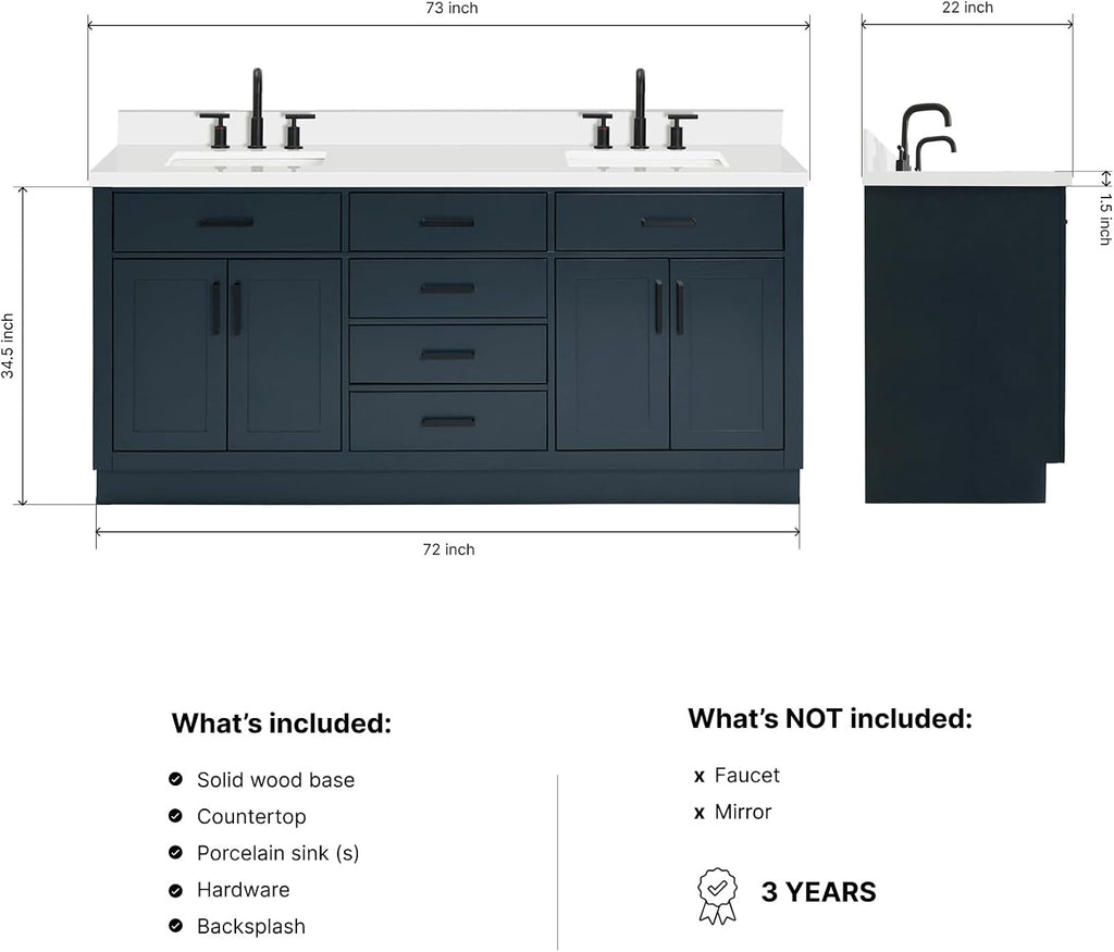 DKB Isabella 72 Inch Bathroom Vanity Double Sink — Midnight Blue Bathroom Vanity with Sink, 1.5' Edge Pure White Quartz Countertop, 4 Soft-Close Doors, 4 Dovetail Drawers, and 2 Tilt Drawers