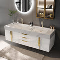 KunMai 59' White Floating Bathroom Vanity with Faux Marble Top, Double Ceramic Vessel Sinks, Wall-Mounted Design, 3 Drawers for Storage, Modern Bathroom Cabinet with Gold Hardware Finish