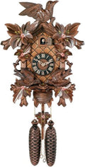 Eight Day Cuckoo Clock with Hand-Painted Flowers, Leaves, and Animated Birds Feeding Baby Birds - 16 Inches Tall - Model # 815-16P, Black