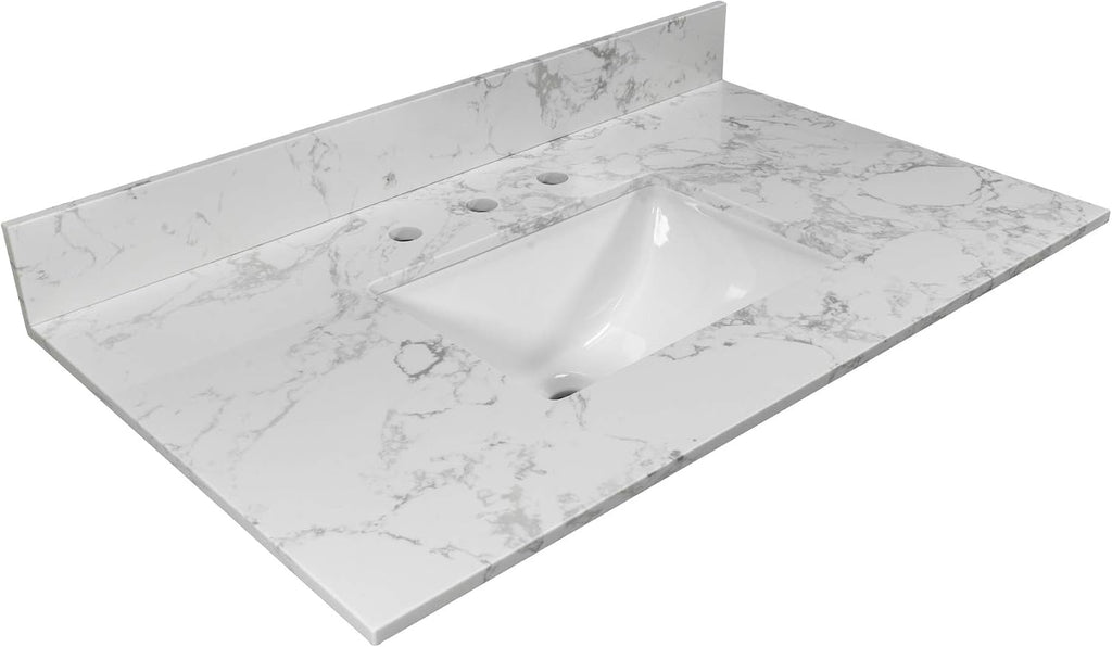 Leavader 31'x 22' Bathroom Vanity Top Carrara White Engineered Stone Three Hole Countertop with Undermount Ceramic Sink and Backsplash