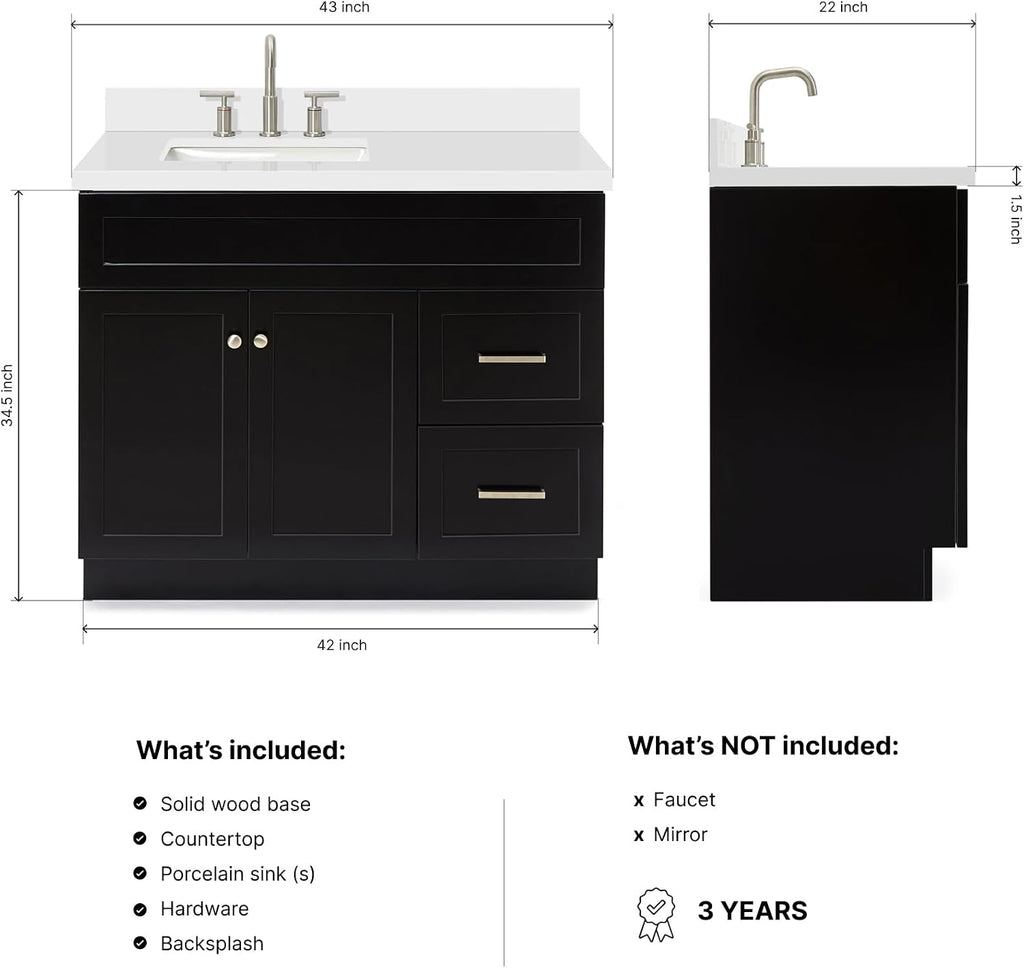 DKB Bradford 42' Black Single Bathroom Vanity with Rectangular Undermount Sink, 1.5' White Quartz Countertop, Solid Wood Frame, 2 Soft-Closing Doors, 2 Full Dovetail Drawers, Brushed Nickel