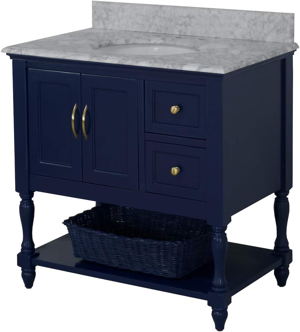 Kitchen Bath Collection Beverly 36-inch Bathroom Vanity (Carrara/Royal Blue): Includes Royal Blue Cabinet with Authentic Italian Carrara Marble Countertop and White Ceramic Sink