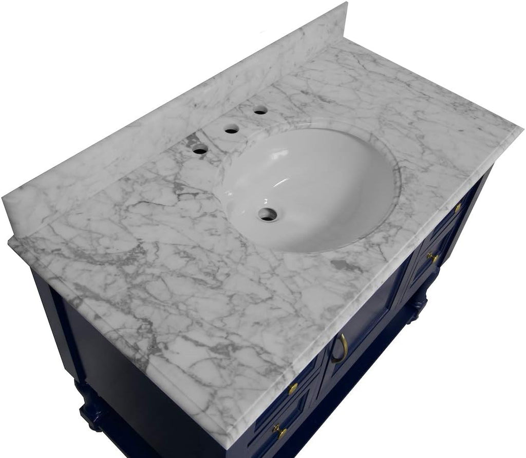 Beverly 42-inch Bathroom Vanity (Carrara/Royal Blue): Includes Royal Blue Cabinet with Authentic Italian Carrara Marble Countertop and White Ceramic Sink