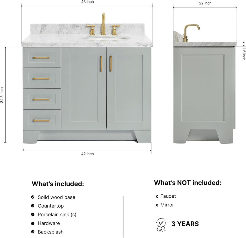 DKB Emilia 42-Inch Gray Bathroom Vanity with Sink, 1.5' Edge Italian Carrara Marble Countertop & 4' Backsplash, Right Oval Sink, 2 Soft-Closing Doors, 5 Dovetail Drawers, Solid Wood Base, Toe Kick