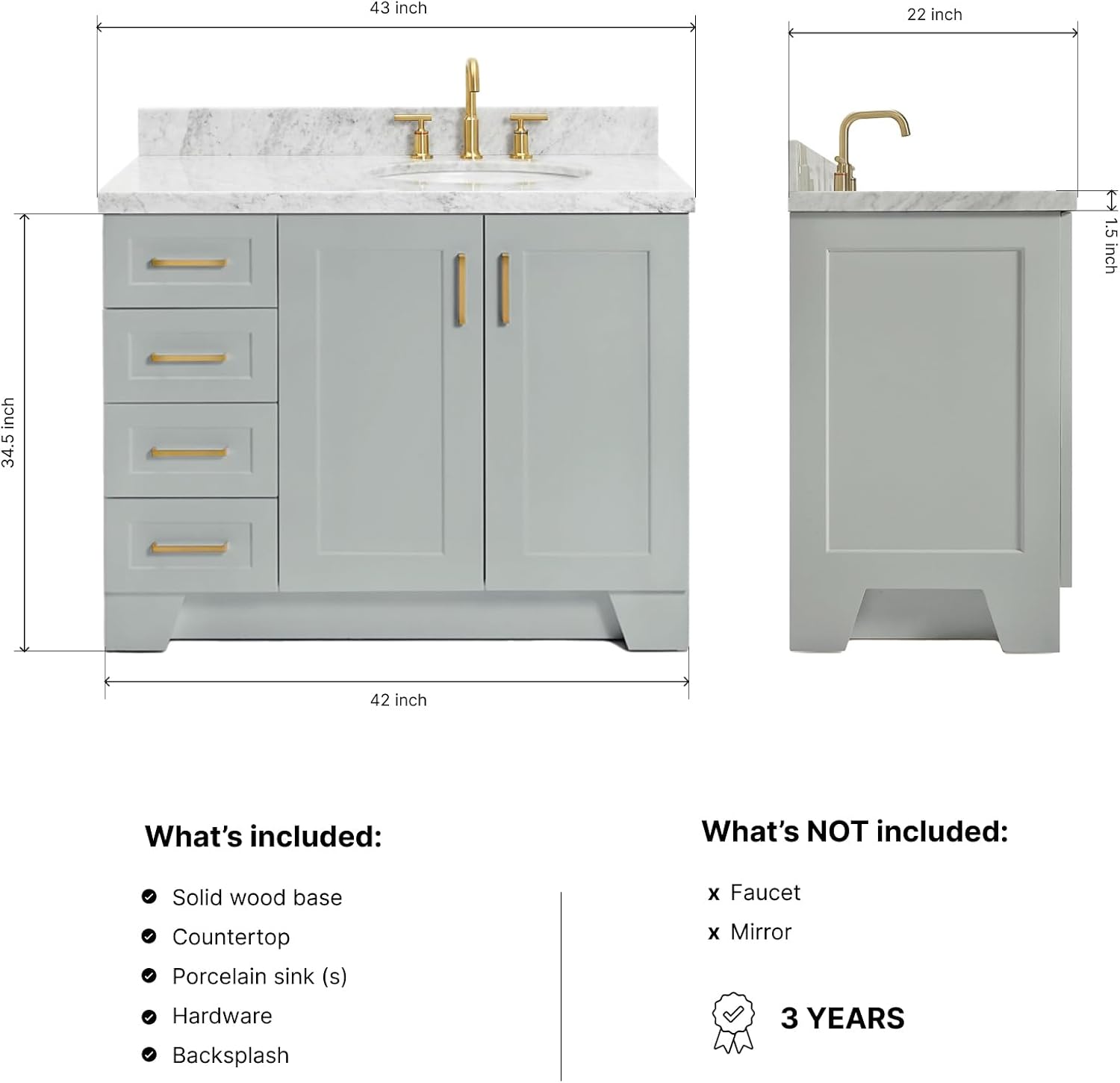 DKB Emilia 42-Inch Gray Bathroom Vanity with Sink, 1.5' Edge Italian Carrara Marble Countertop & 4' Backsplash, Right Oval Sink, 2 Soft-Closing Doors, 5 Dovetail Drawers, Solid Wood Base, Toe Kick