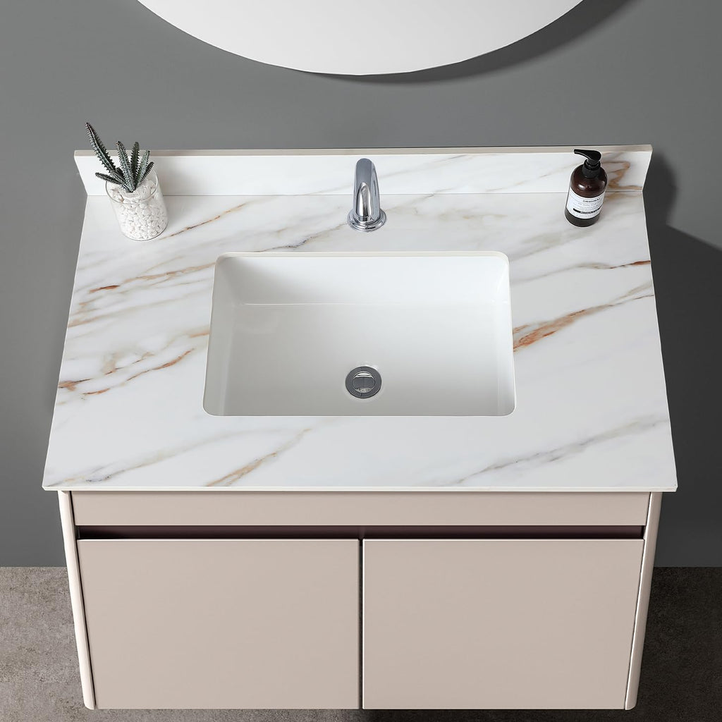 37' Bathroom Vanity Top with Ceramic Undermount Sink & Backsplash,Calacatta Gold Sintered Stone Counter Top, Single Hole Vanity Sink Top