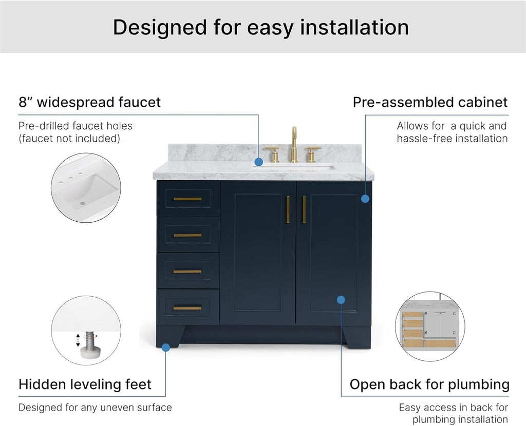 ARIEL Taylor 42-inch Bathroom Vanity with Sink,Solid Wood, 1.5-inch Italian Carrara Marble Countertop, Single Rectangular Porcelain Sink, 2 Soft Closing Doors, 5 Dovetail Drawers, Midnight Blue
