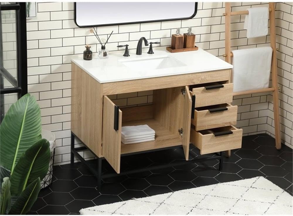 Pemberly Row 42' Aluminum MDF Bathroom Vanity, Mango Wood Finish, Ivory White Quartz Countertop, Porcelain Sink with Overflow, Soft Closing Hinges, 3 Drawers, Modern Style for Bathroom Storage