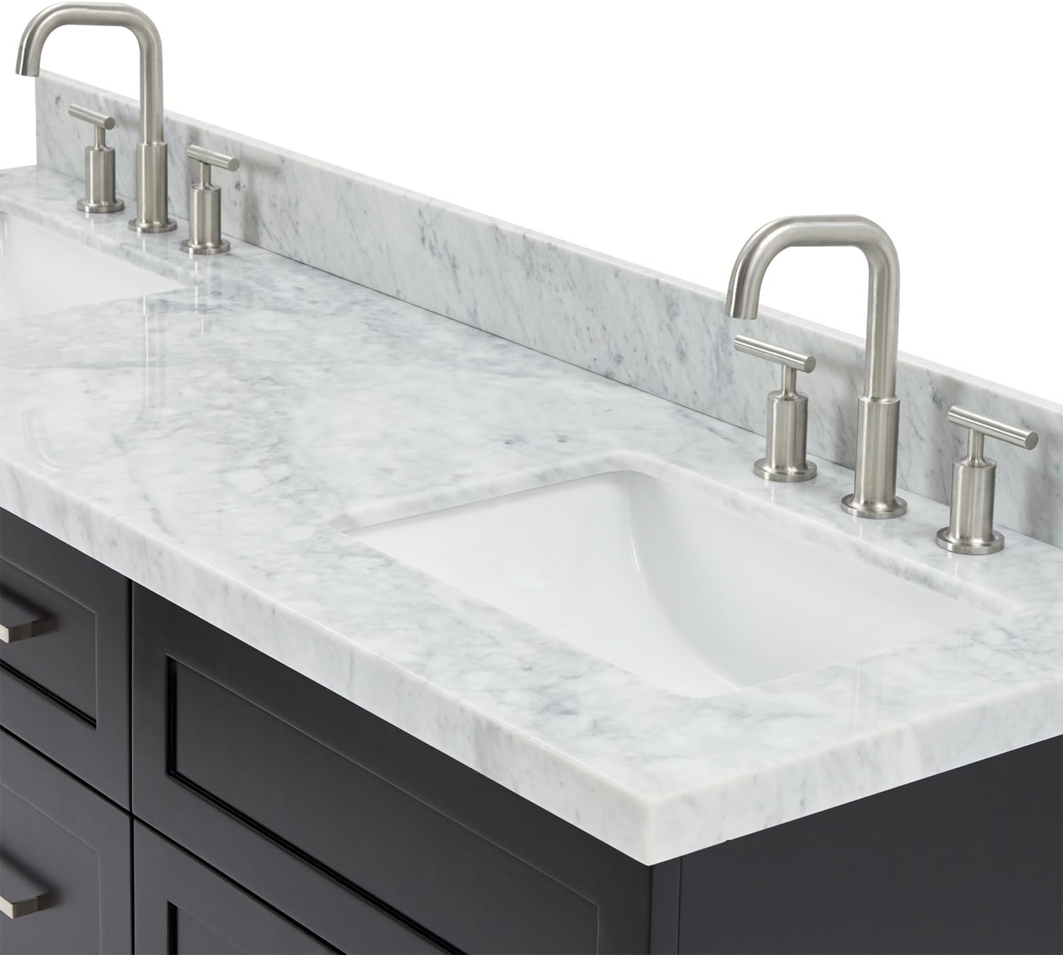 ARIEL Hamlet 66-inch Bathroom Vanity with Sink,Solid Wood, 1.5-inch Italian Carrara Marble Countertop, Double Rectangular Porcelain Sink, 4 Soft Closing Doors, 3 Dovetail Drawers, Black