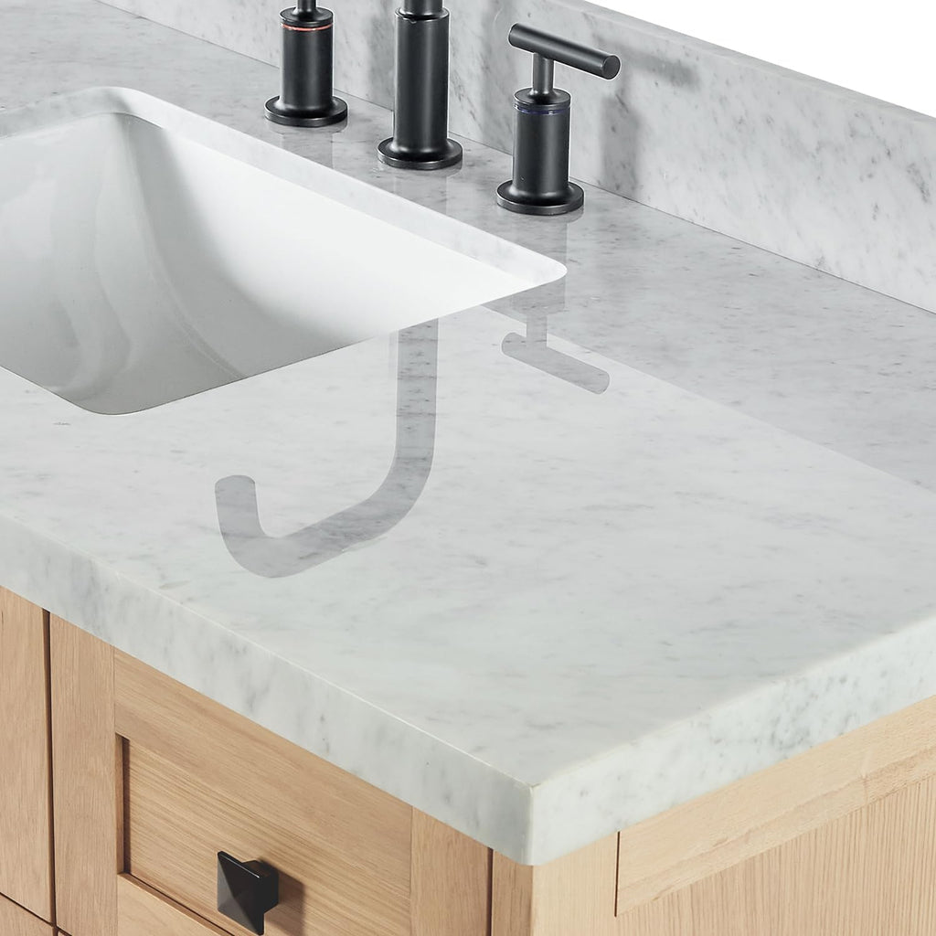 ARIEL Monroe 48-inch Bathroom Vanity with Sink,Solid Wood, 1.5-inch Italian Carrara Marble Countertop, Single Rectangular Porcelain Sink, Dovetail Drawers, White Oak