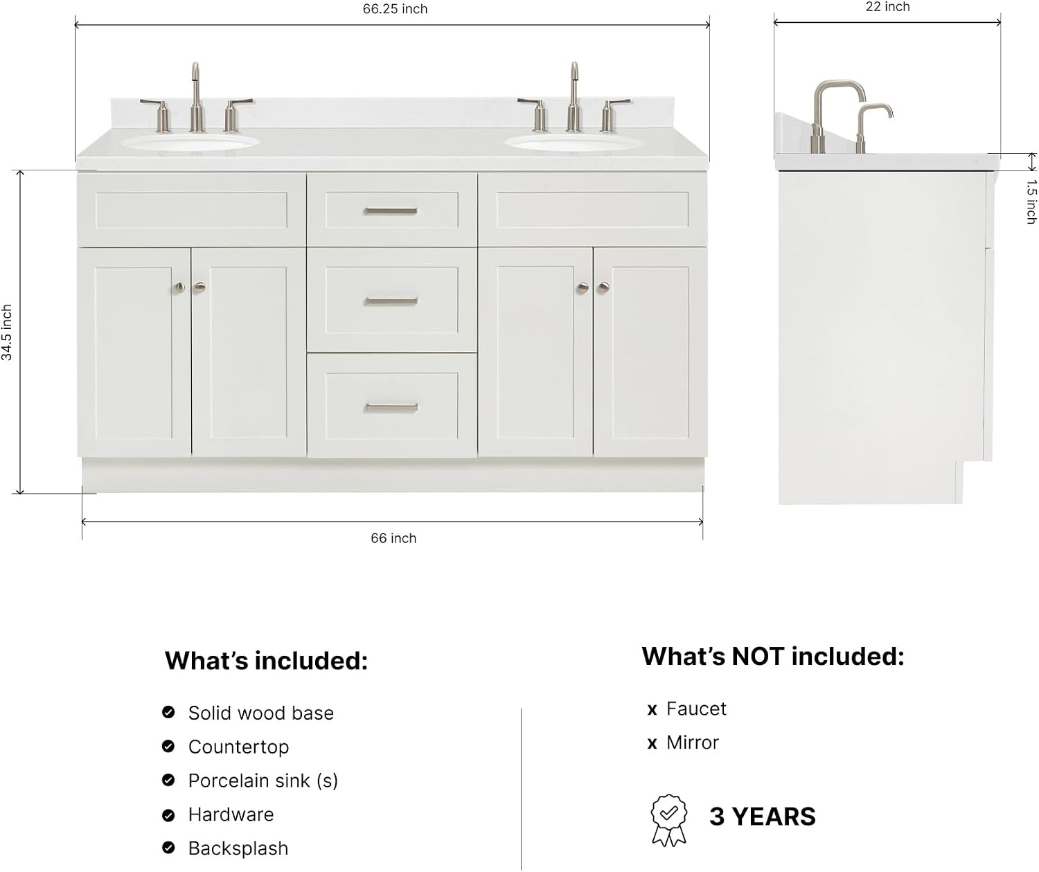 ARIEL Hamlet 66-inch Bathroom Vanity with Sink,Solid Wood, 1.5-inch Carrara White Quartz Countertop & Backsplash, Double Oval Porcelain Sink, 4 Soft Closing Doors, 3 Dovetail Drawers, White