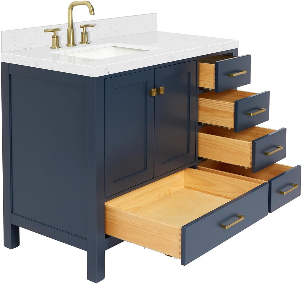 ARIEL Cambridge 42 Inch Single Left Offset Rectangle Sink Bathroom Vanity with Carrara White Quartz Countertop 1.5 Edge in Midnight Blue