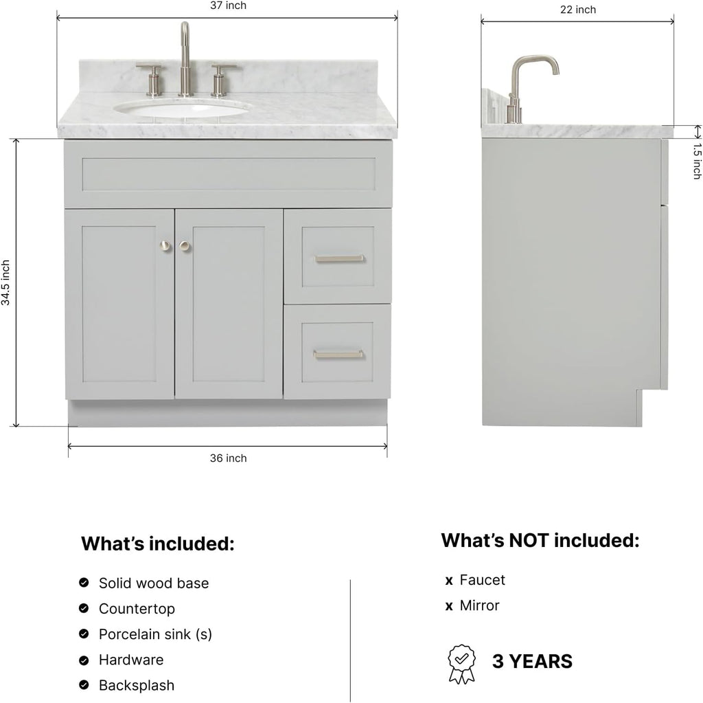 DKB Bradford 36-Inch Grey Bathroom Vanity with 1.5-Inch Edge Italian Carrara Marble Countertop & Backsplash, Left Oval Sink, 2 Soft-Closing Doors, 2 Dovetail Drawers, Brushed Nickel Hardware