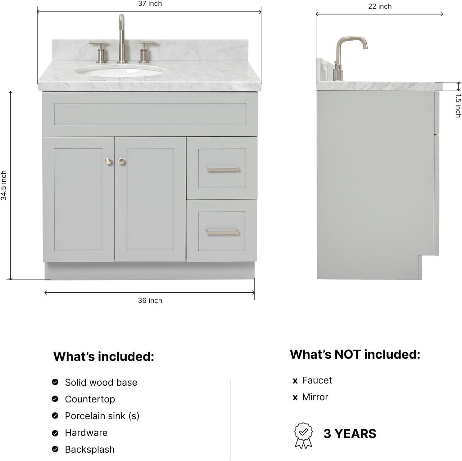 DKB Bradford 36-Inch Grey Bathroom Vanity with 1.5-Inch Edge Italian Carrara Marble Countertop & Backsplash, Left Oval Sink, 2 Soft-Closing Doors, 2 Dovetail Drawers, Brushed Nickel Hardware