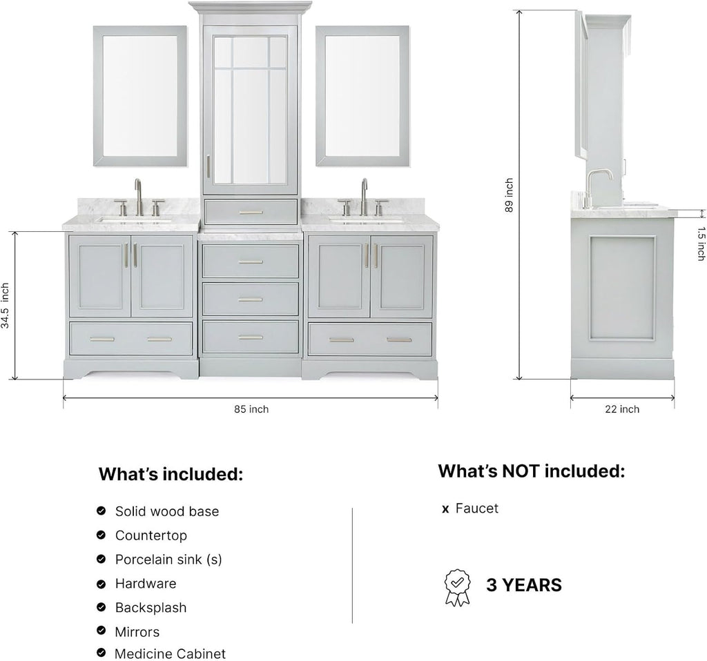 ARIEL Stafford 84-inch Bathroom Vanity with Sink,Solid Wood, 1.5-inch Italian Carrara Marble Countertop, Double Rectangular Porcelain Sink, 5 Soft Closing Doors, 6 Dovetail Drawers, Grey