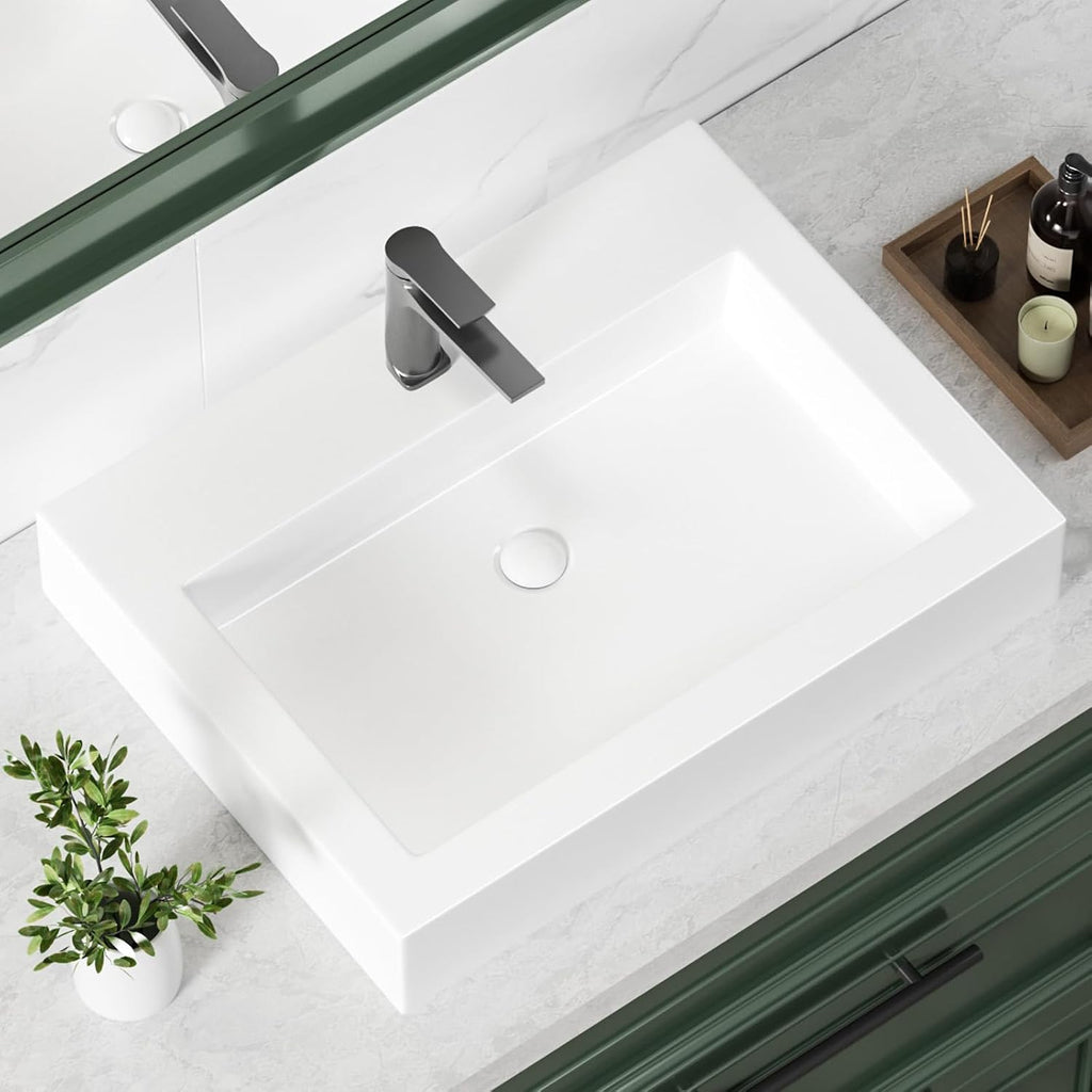 KINGWONG 24' x 18.3' Rectangular Ceramic Vessel Sink, White Bathroom Sink Above Counter, No Overflow Single Hole Basin for Vanity Top, High Temp Fired Porcelain, Stain Resistant Glossy Easy to Clean