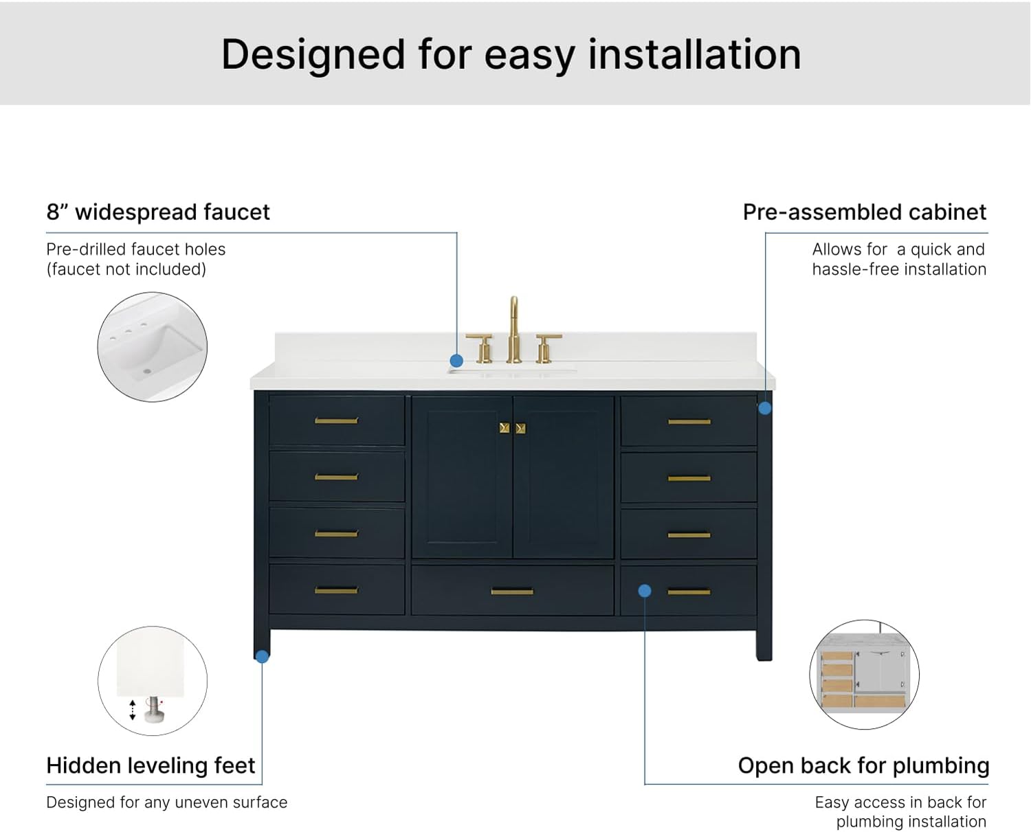 ARIEL Cambridge 66-inch Bathroom Vanity with Sink,Solid Wood, 1.5-inch Pure White Quartz Countertop, Single Rectangular Porcelain Sink, 2 Soft Closing Doors, 9 Dovetail Drawers, Midnight Blue