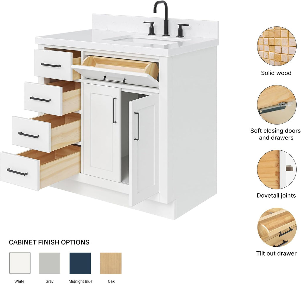 ARIEL Hepburn 36-inch Bathroom Vanity with Sink,Solid Wood, 1.5-inch Carrara White Quartz Countertop & Backsplash, Single Rectangular Porcelain Sink, 2 Soft Closing Doors, 5 Dovetail Drawers, White