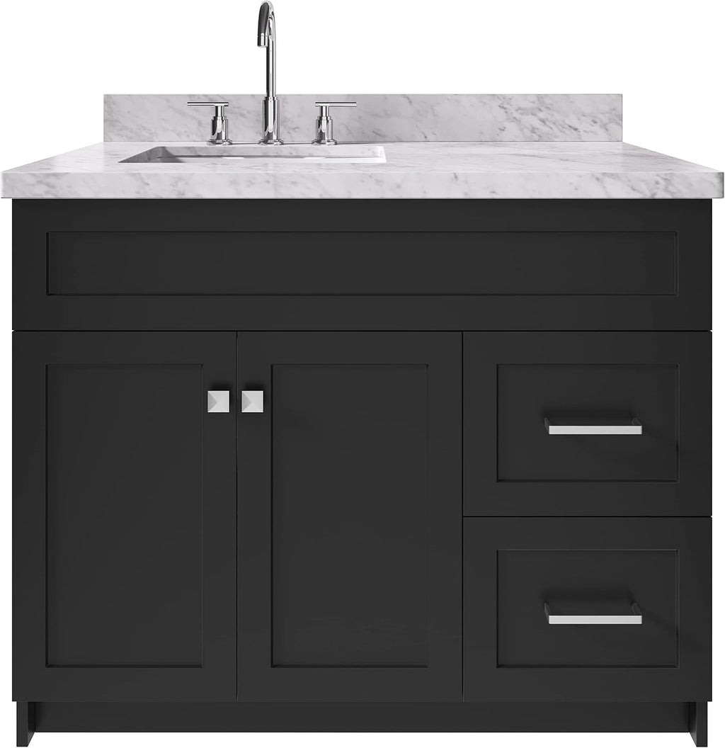ARIEL 42' Gray Single Bathroom Vanity with Rectangular Sink, 1.5' Italian Carrara Marble Top, Solid Wood, 2 Soft Closing Doors, 2 Full Extension Dovetail Drawers, Brushed Nickel