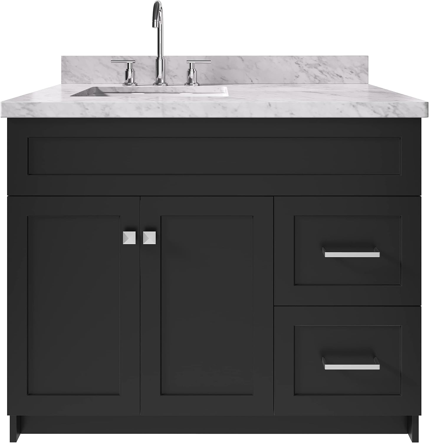ARIEL 42' Gray Single Bathroom Vanity with Rectangular Sink, 1.5' Italian Carrara Marble Top, Solid Wood, 2 Soft Closing Doors, 2 Full Extension Dovetail Drawers, Brushed Nickel