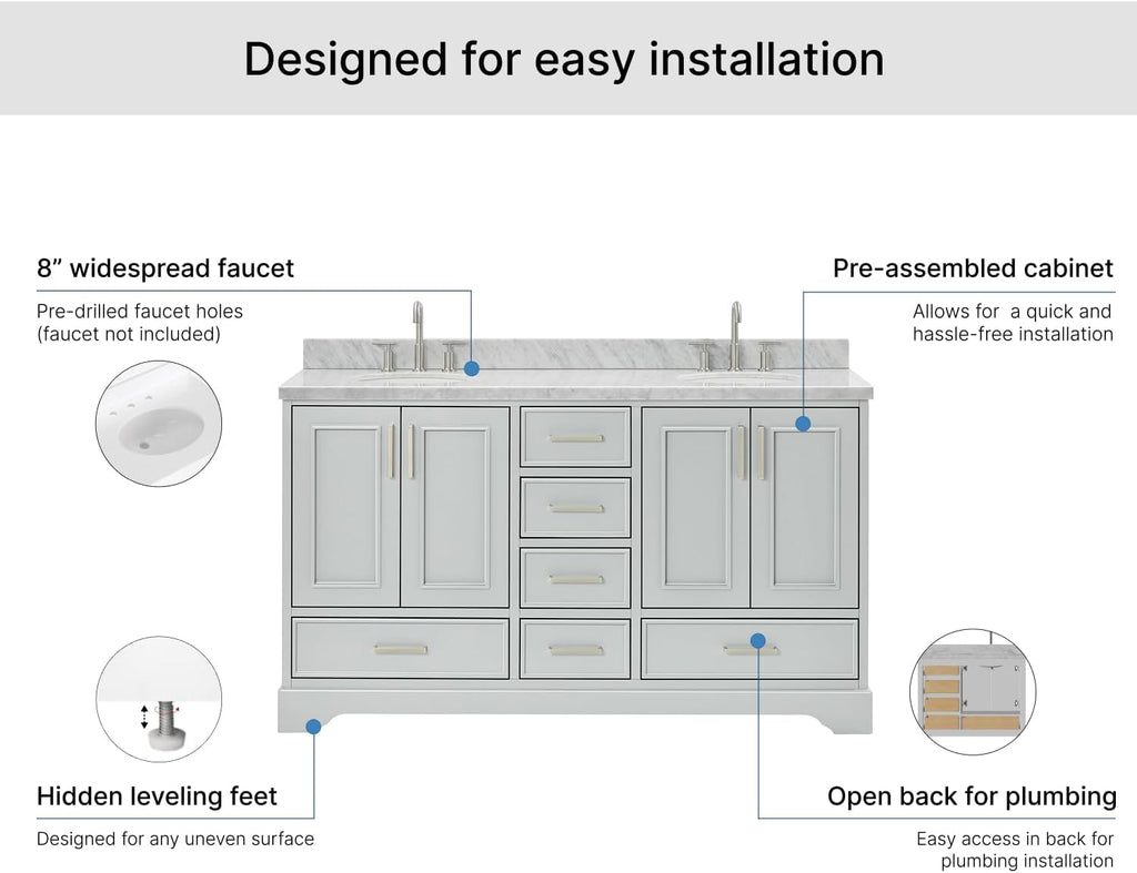 ARIEL Stafford 60-inch Bathroom Vanity with Sink,Solid Wood, 1.5-inch Italian Carrara Marble Countertop & Backsplash, Double Oval Porcelain Sink, 4 Soft Closing Doors, 6 Dovetail Drawers, Grey