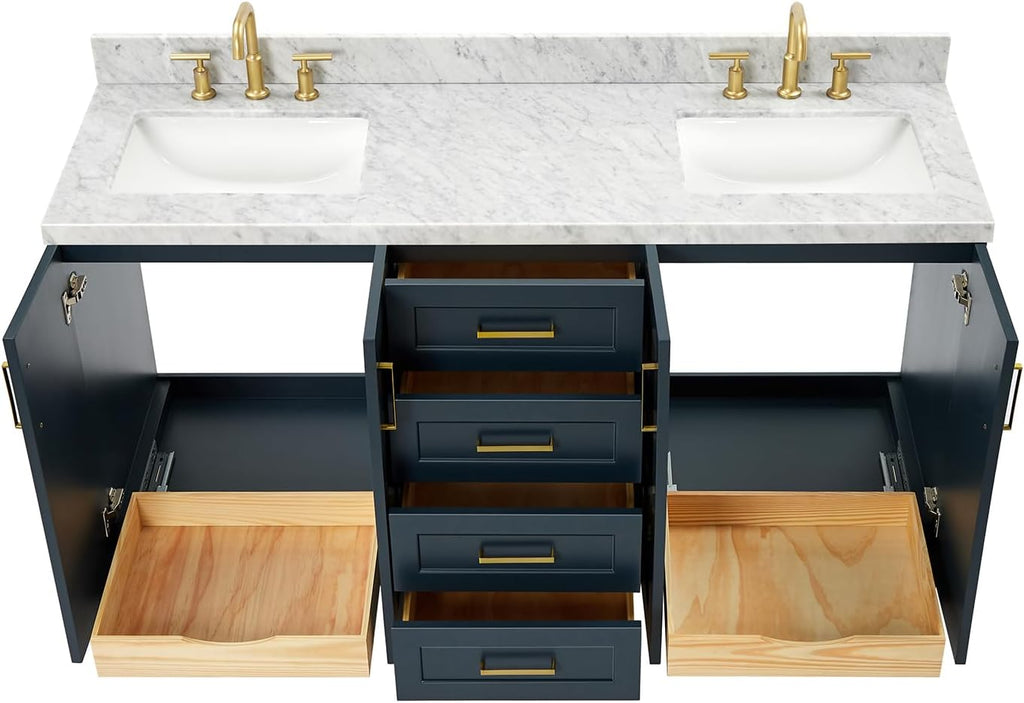 ARIEL Taylor 66-inch Bathroom Vanity with Sink,Solid Wood, 1.5-inch Italian Carrara Marble Countertop, Double Rectangular Porcelain Sink, 4 Soft Closing Doors, 5 Dovetail Drawers, Midnight Blue