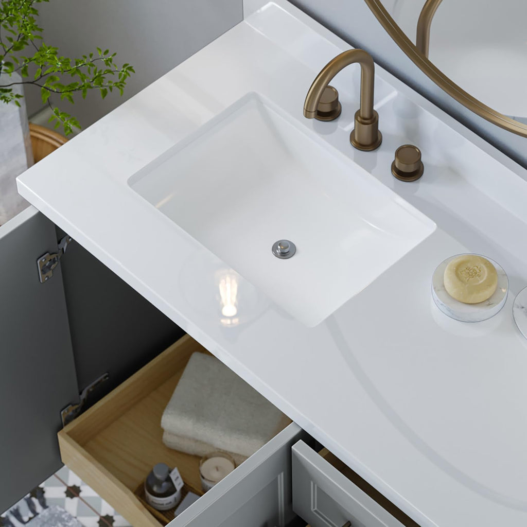 ARIEL Taylor 42-inch Bathroom Vanity with Sink,Solid Wood, 1.5-inch Pure White Quartz Countertop & Backsplash, Single Rectangular Porcelain Sink, 2 Soft Closing Doors, 5 Dovetail Drawers, Grey