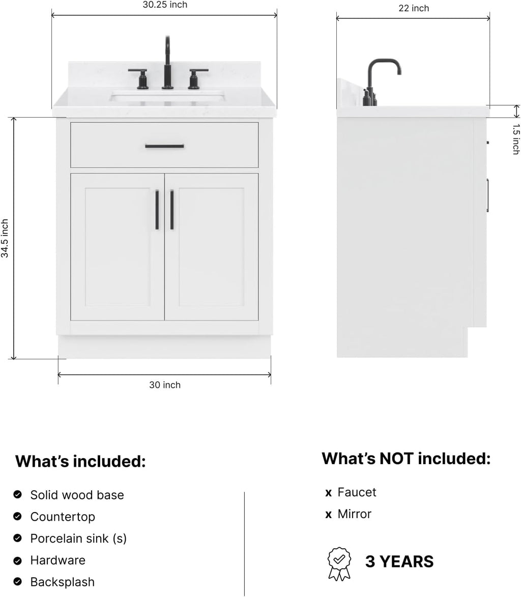 ARIEL Hepburn 30-inch Bathroom Vanity with Sink,Solid Wood, 1.5-inch Carrara White Quartz Countertop & Backsplash, Single Rectangular Porcelain Sink, 2 Soft Closing Doors, 1 Dovetail Drawers, White