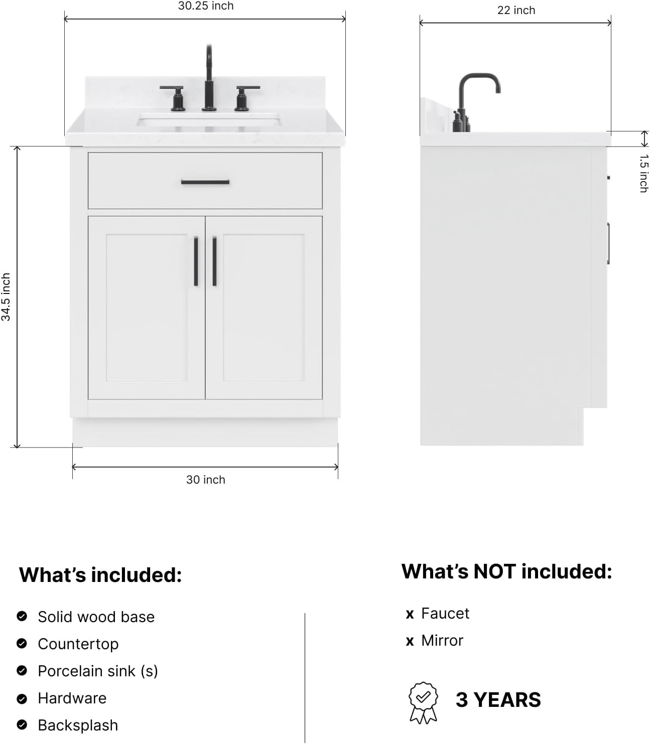 ARIEL Hepburn 30-inch Bathroom Vanity with Sink,Solid Wood, 1.5-inch Carrara White Quartz Countertop & Backsplash, Single Rectangular Porcelain Sink, 2 Soft Closing Doors, 1 Dovetail Drawers, White