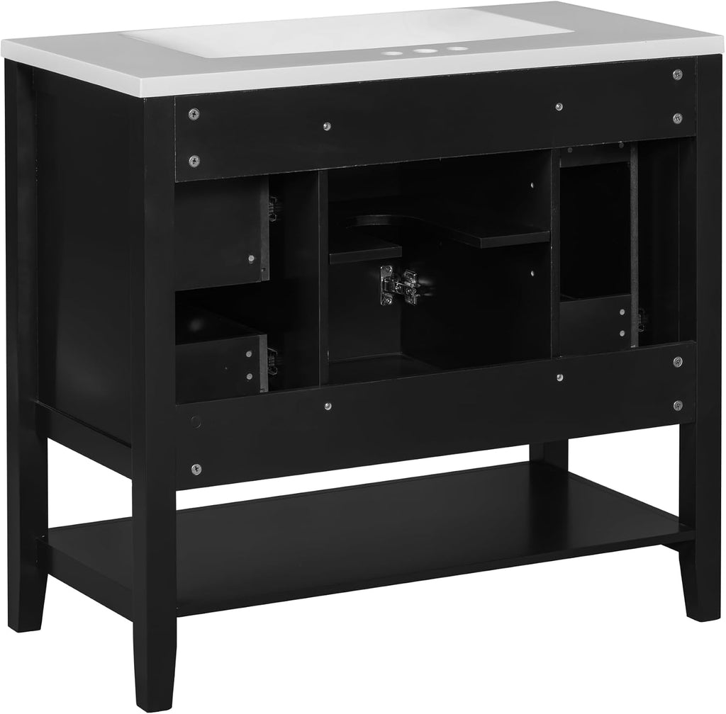 LUMISOL 36' Bathroom Vanity with Sink Combo, Bathroom Vanity Storage Cabinet with 3 Drawers & Open Shelf, Solid Wood Frame Bathroom Cabinet with Ceramic Sink, Black