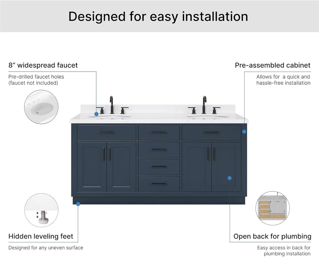 ARIEL Hepburn 72-inch Bathroom Vanity with Sink,Solid Wood, 1.5-inch Carrara White Quartz Countertop, Double Oval Porcelain Sink, 4 Soft Closing Doors, 6 Dovetail Drawers, Midnight Blue