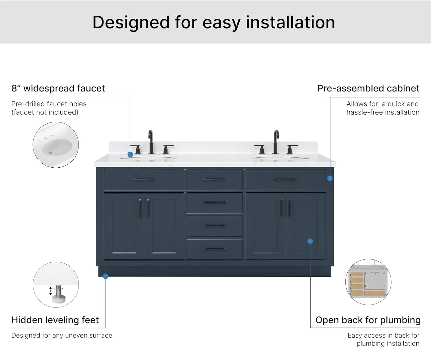 ARIEL Hepburn 72-inch Bathroom Vanity with Sink,Solid Wood, 1.5-inch Carrara White Quartz Countertop, Double Oval Porcelain Sink, 4 Soft Closing Doors, 6 Dovetail Drawers, Midnight Blue