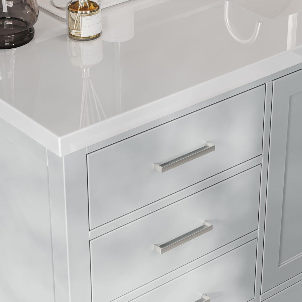 ARIEL Cambridge 66-inch Bathroom Vanity with Sink,Solid Wood, 1.5-inch Pure White Quartz Countertop & Backsplash, Single Rectangular Porcelain Sink, 2 Soft Closing Doors, 9 Dovetail Drawers, Grey
