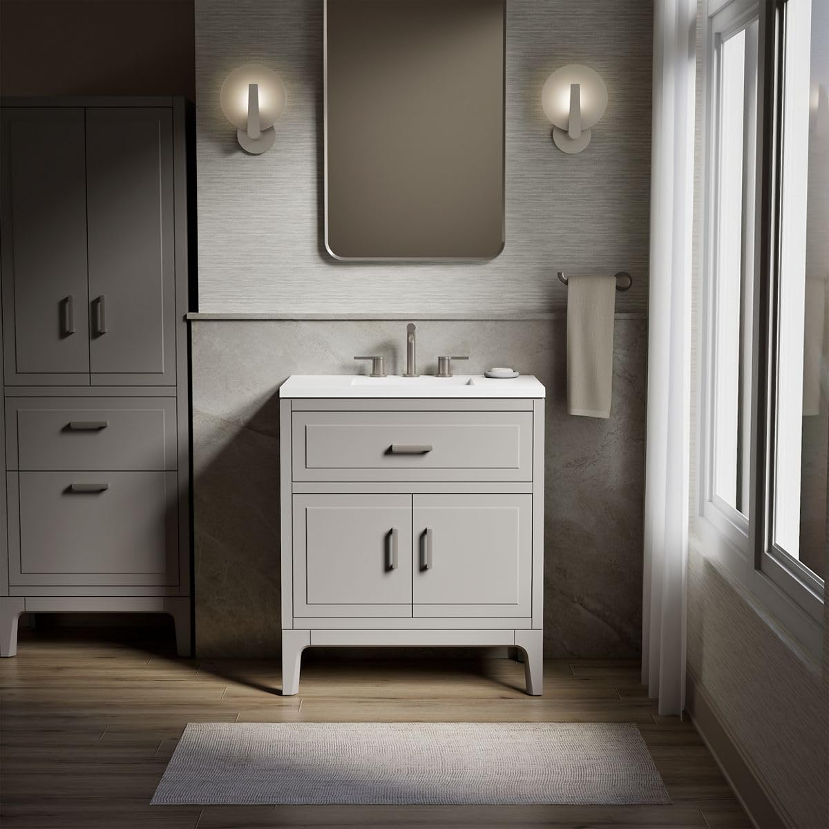 Kohler Seer 30 Inch Bathroom Vanity Cabinet with White Single Sink and Quartz Top, Modern Bathroom Vanity, Mohair Gray, K-33552-ASB-1WT