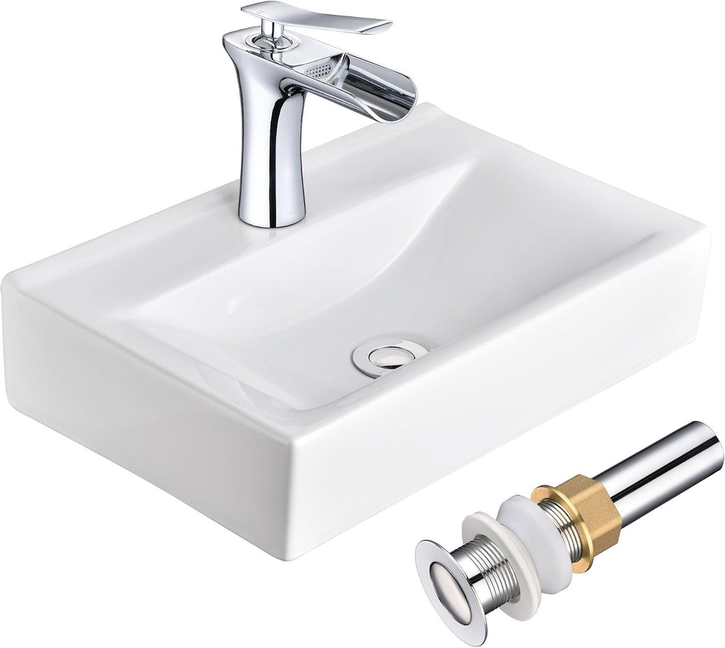 Aquaterior Porcelain Bathroom Vessel Sink 18'x12' with Chorme Single Handle Faucet Pop-up Drain Combo Rectangle Above Counter Vanity Basin Minimalist Modern