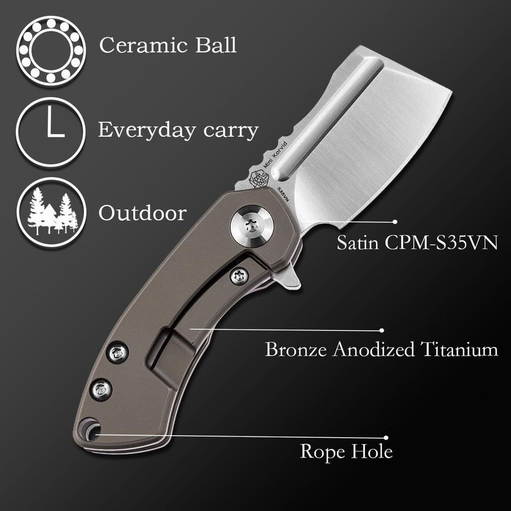 KANSEPT Knives Mini Korvid Cleaver Mini Pocket Knife for Men 1.45'' Satin CPM-S35VN Blade,Bronze Anodized Titanium Handle,EDC Folding Knife K3030A3