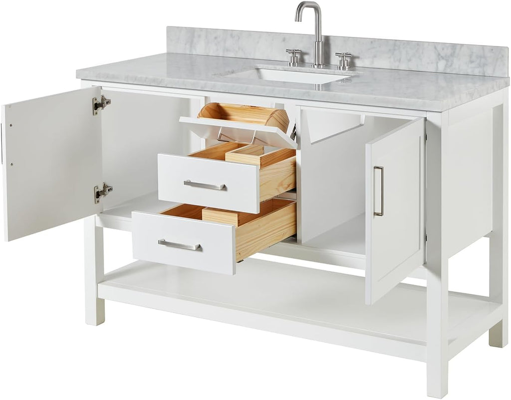 ARIEL Bayhill 48-inch Bathroom Vanity with Sink,Solid Wood, 0.75-inch Italian Carrara Marble Countertop, Single Rectangular Porcelain Sink, 2 Soft Closing Doors, 2 Dovetail Drawers, White