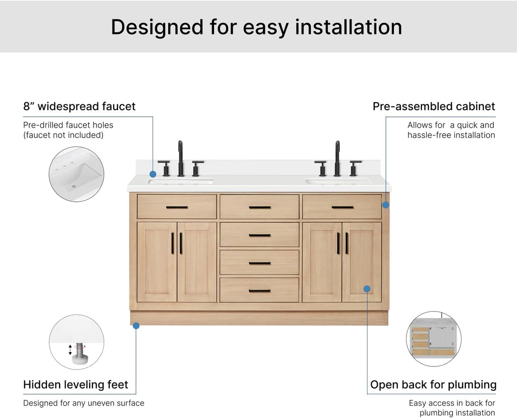 ARIEL Hepburn 66-inch Bathroom Vanity with Sink,Solid Wood, 1.5-inch Pure White Quartz Countertop, Double Rectangular Porcelain Sink, 4 Soft Closing Doors, 6 Dovetail Drawers, White Oak