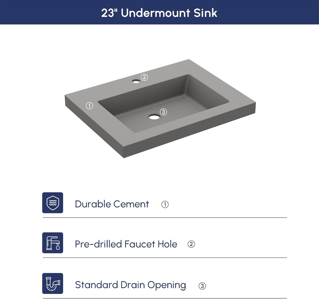 Semi Recessed Bathroom Sink, 23.4 Inch Rectangular Bathroom Vessel Sink, Drop-In Countertop Basin with Single Faucet Hole, Center Drain Assembly for Modern Vanity Cabinet, Gray