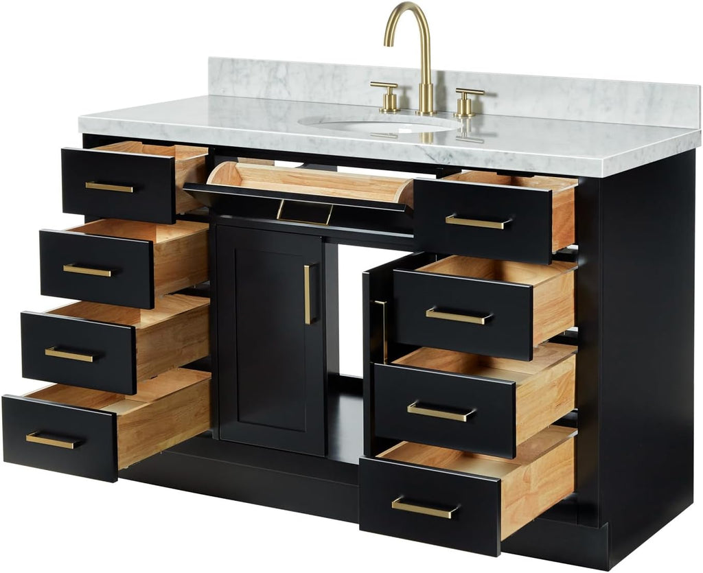 ARIEL Hepburn 54-inch Bathroom Vanity with Sink,Solid Wood, 1.5-inch Italian Carrara Marble Countertop & Backsplash, Single Oval Porcelain Sink, 2 Soft Closing Doors, 9 Dovetail Drawers, Black