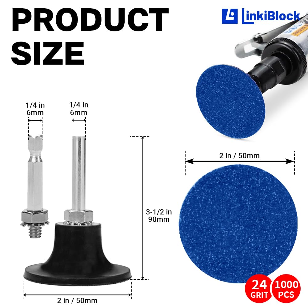 1000Pcs 2 inch R-Type Quick Change Zirconia Surface Conditioning Sanding Discs Set 24 Grit with Adapter & Backing Pad