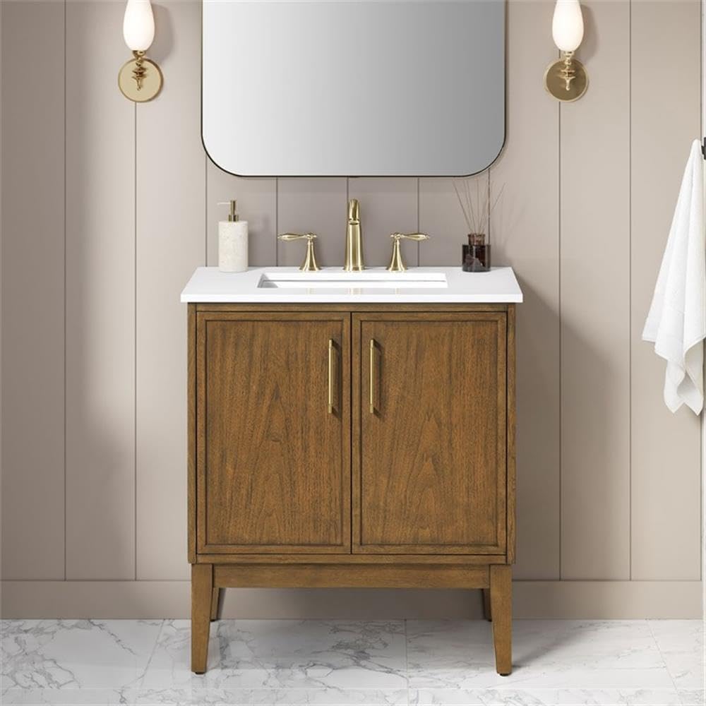 Pemberly Row 30' Bathroom Vanity, Warm Walnut Finish, White Engineered Stone Countertop with Rectangular Undermount Sink, Adjustable Shelf, Soft-Close Doors, Small Bathrooms or Powder Rooms