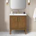 Pemberly Row 30' Bathroom Vanity, Warm Walnut Finish, White Engineered Stone Countertop with Rectangular Undermount Sink, Adjustable Shelf, Soft-Close Doors, Small Bathrooms or Powder Rooms
