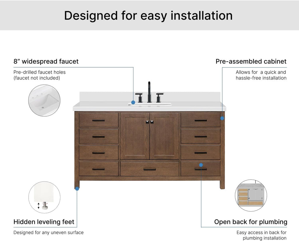 ARIEL Cambridge 66-inch Bathroom Vanity with Sink,Solid Wood, 1.5-inch Pure White Quartz Countertop, Single Rectangular Porcelain Sink, 2 Soft Closing Doors, 9 Dovetail Drawers, Brown Oak