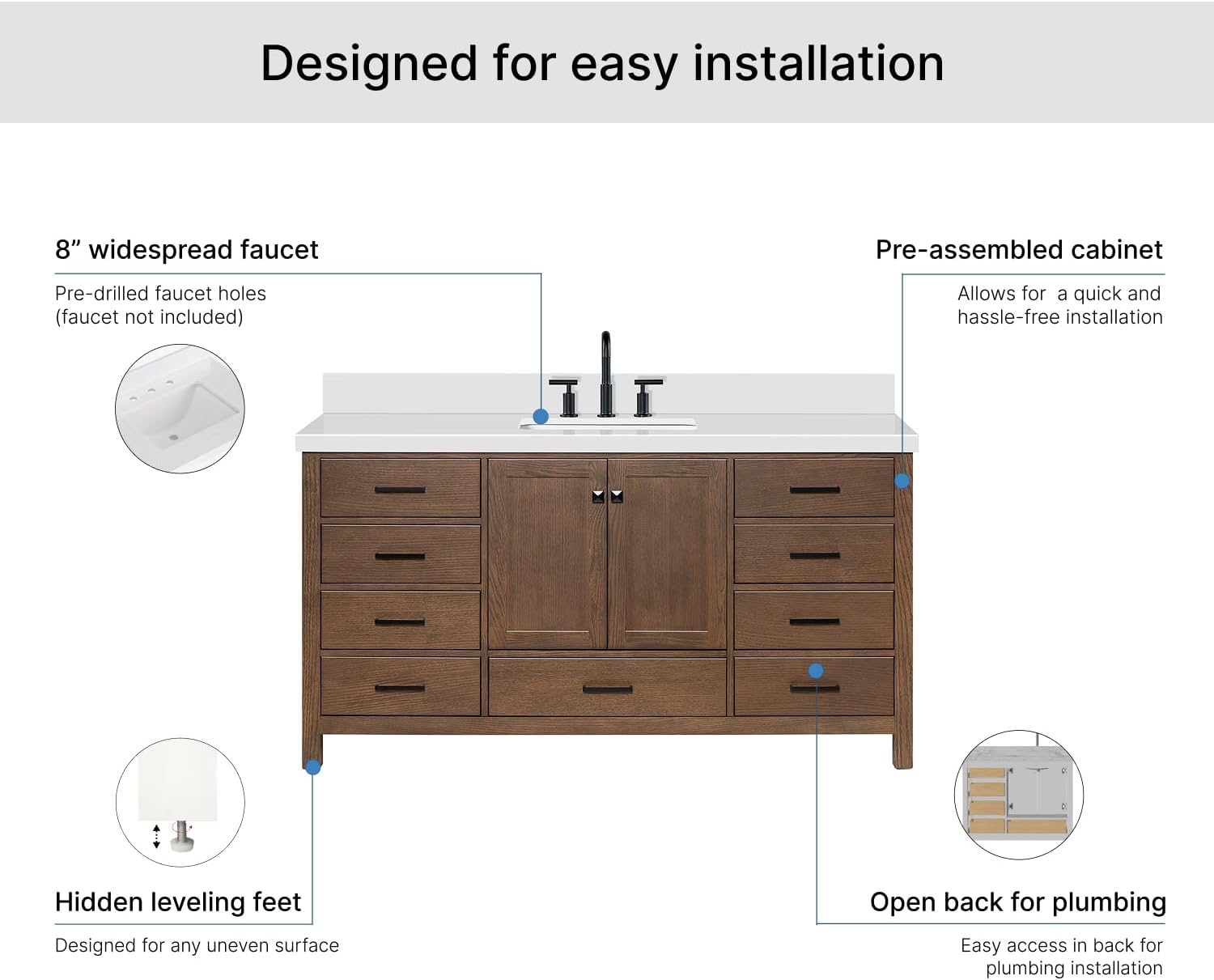 ARIEL Cambridge 66-inch Bathroom Vanity with Sink,Solid Wood, 1.5-inch Pure White Quartz Countertop, Single Rectangular Porcelain Sink, 2 Soft Closing Doors, 9 Dovetail Drawers, Brown Oak