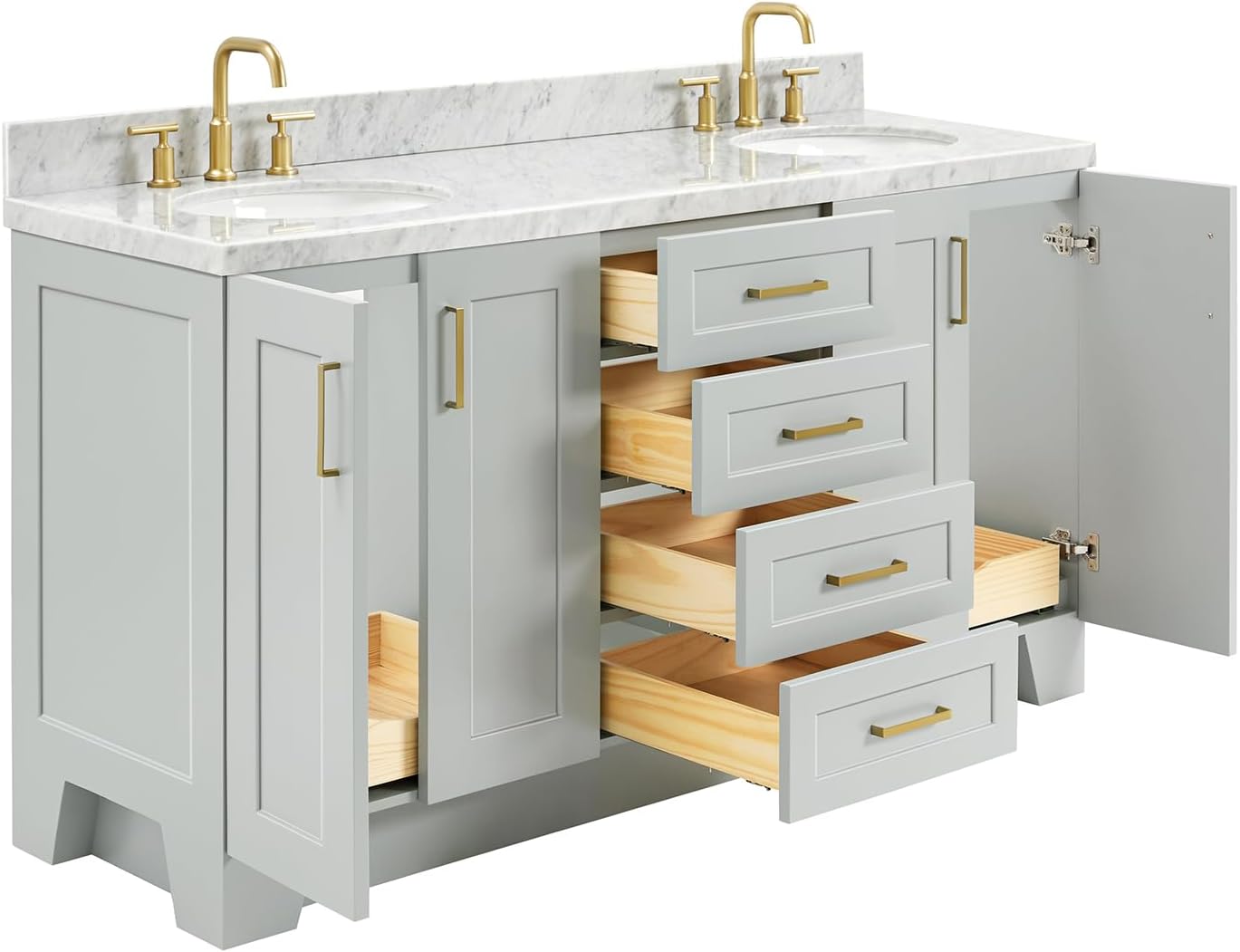 ARIEL Taylor 66-inch Bathroom Vanity with Sink,Solid Wood, 1.5-inch Italian Carrara Marble Countertop & Backsplash, Double Oval Porcelain Sink, 4 Soft Closing Doors, 5 Dovetail Drawers, Grey